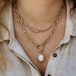 New gold-tone double strand necklace with large simulated fresh water pearl drop